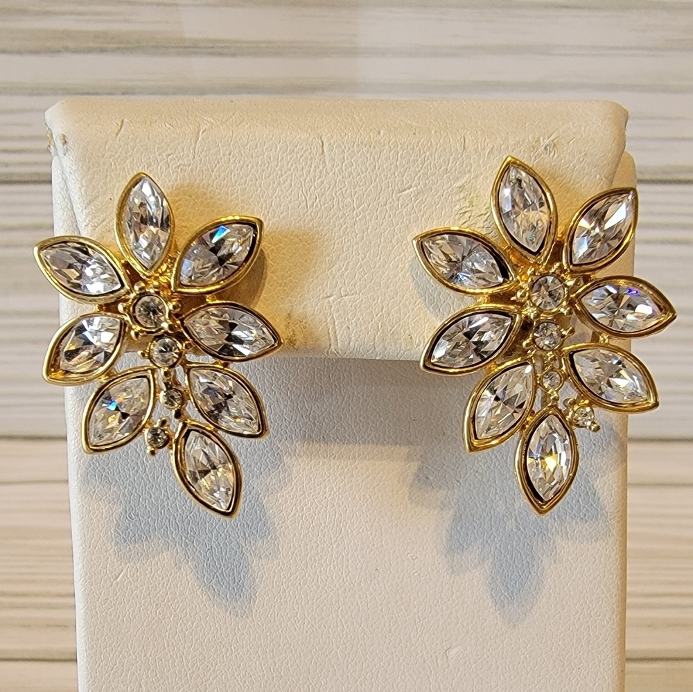 Vintage Monet Clear Rhinestone Floral Spray Gold Tone Pierced Earrings